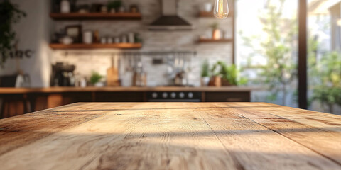 kitchen table background, wood counter top on blur of clean abstract home interior with bokeh. used for display or montage your wooden for dining background.
