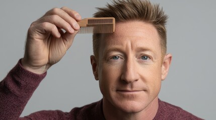 Man Grooming Hair with Wooden Comb Against Neutral Background