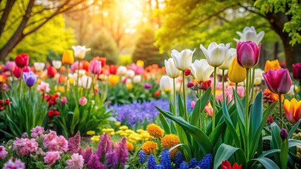 Obraz premium A serene garden scene featuring a variety of colorful flowers including tulips, daffodils, and hydrangeas surrounded by lush greenery and a tranquil atmosphere, spring blooms