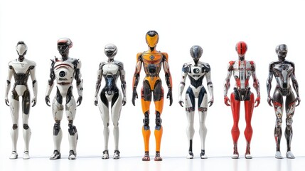 Collection of AI robots with futuristic looks, some humanoid, isolated against white background