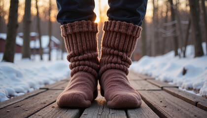 Thick wool socks in snowy winter morning