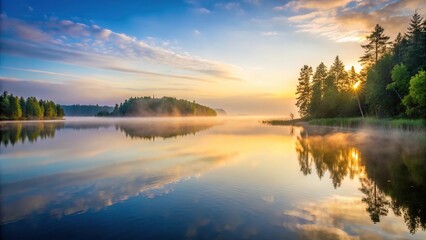 Obraz premium A serene summer lake at dawn with a misty fog rolling in off the water, peaceful, water, reflection