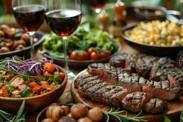 Obraz premium An inviting dinner table set with grilled BBQ delights, fresh salads, and red wine, perfect for a summer gathering with friends