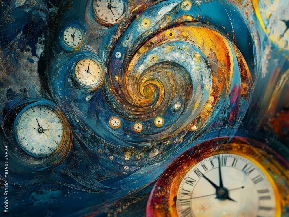 Poster an ai-generated art piece showing an abstract interpretation of time, with clocks melting and shifti