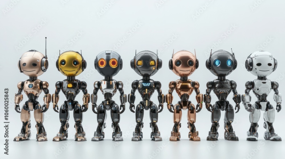 Poster collection of ai robots with smooth metallic surfaces and led lights isolated on white background
