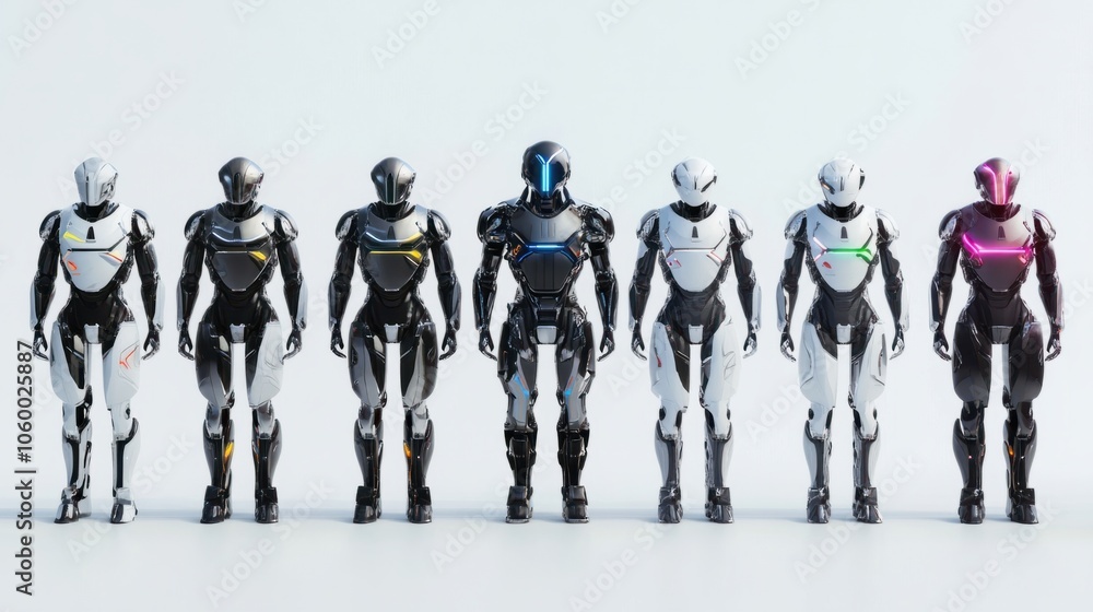 Poster collection of ai robots with smooth metallic surfaces and led lights isolated on white background