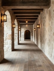 Obraz premium Charming rustic hotel lobby featuring warm stone walls and inviting decor for a cozy atmosphere.