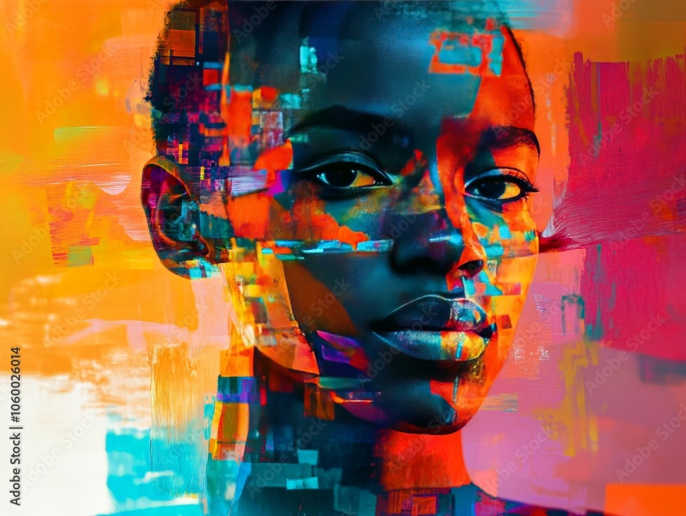 Poster an ai-generated portrait where the subject features are fragmented into digital pixels and abstract 