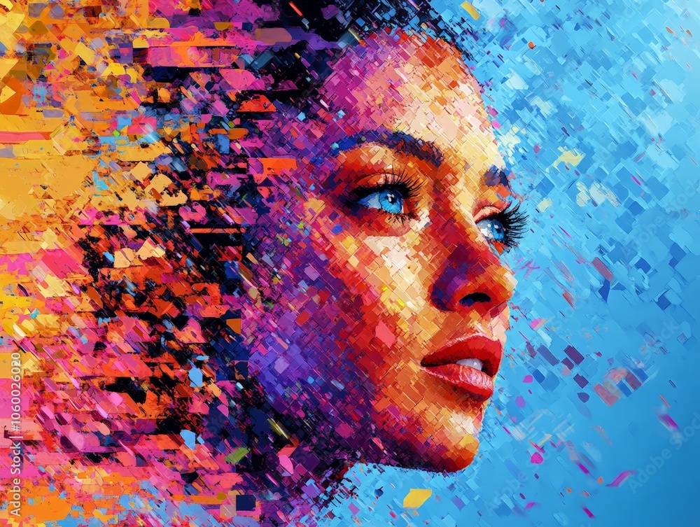 Poster an ai-generated portrait where the subject features are fragmented into digital pixels and abstract 