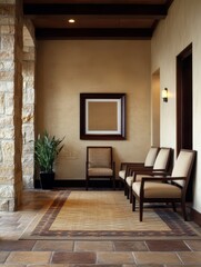 Fototapeta premium Charming rustic hotel lobby featuring warm stone walls and inviting decor for a cozy atmosphere.