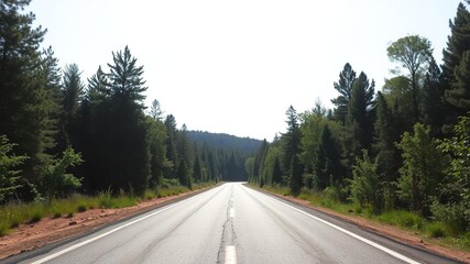 Fototapeta premium Asphalt square road surrounded by lush green forest trees creating a peaceful natural scenery, forest, asphalt