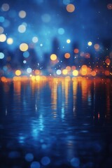 Colorful bokeh lights reflecting on water surface at night, dreamy atmosphere.