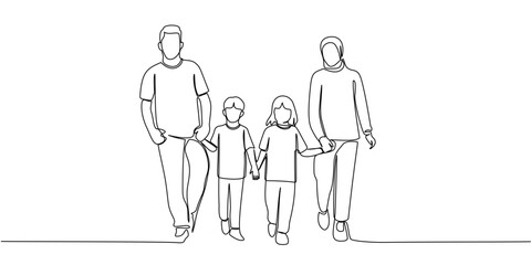 illustration of a family line art style vector eps, Continuous line drawing of family members. Father, mother, daughter, and son holding hands together.