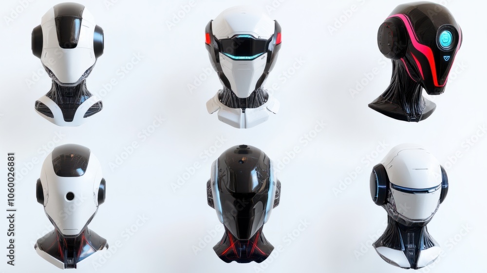 Aufkleber collection of digital robots with different head shapes and facial displays on a white background