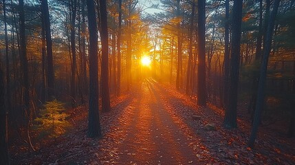 Obraz premium Forest path with bright sunset, tranquil view