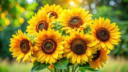 A stunning bouquet of sunflowers with bright yellow petals and green leaves, fresh cut flowers, sunny disposition, flowers, floral arrangement, garden fresh