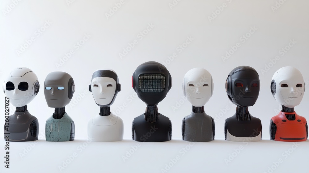 Poster collection of digital robots with different head shapes and facial displays on a white background