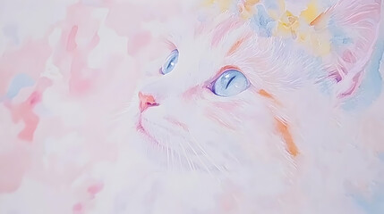 Watercolor painting of a cat's face with blue eyes looking up.