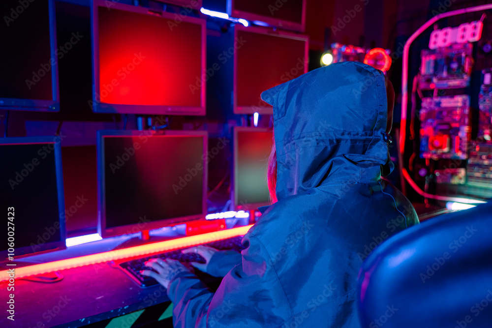 Poster back view of female hacker breaks into data center, blockchain cyber attack, woman hacker wear hood 