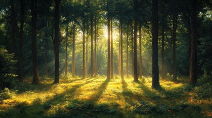 Obraz premium Sunlight filters through tall trees in a serene forest setting.