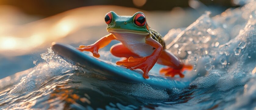 Red-eyed tree frog riding a surfboard on a wave.