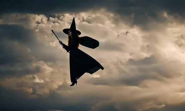 Silhouette of a witch flying on a broomstick against a cloudy sky.