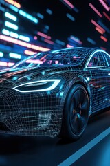 Holographic wireframe digital backdrop enhances a black electric car, AI-generated.