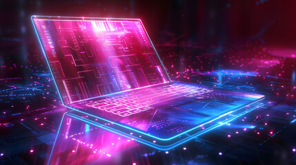 Futuristic illustration about computer technology with a laptop in neon colors. For cover backgrounds, wallpapers and other modern projects