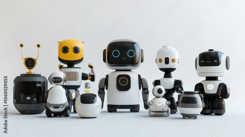 Poster collection of service robots with functional designs isolated against a white background