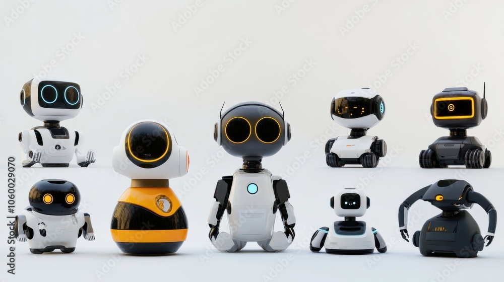 Poster collection of service robots with functional designs isolated against a white background