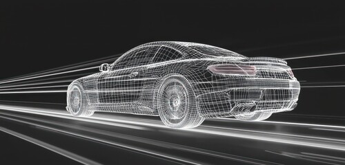 Naklejka premium Animated model of a moving car showcased through advanced wireframe techniques.
