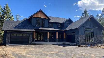modern black and gray home with stone and wood accents in the suburbs