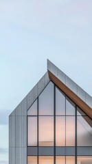 Modern architectural design featuring glass and wood elements in an urban setting during sunset