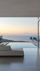 Fototapeta premium Modern villa overlooking a serene ocean view at sunset in a tranquil landscape setting