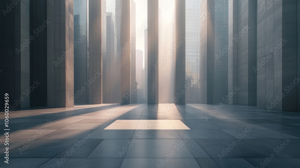 Poster a serene architectural space with light streaming through tall structures.
