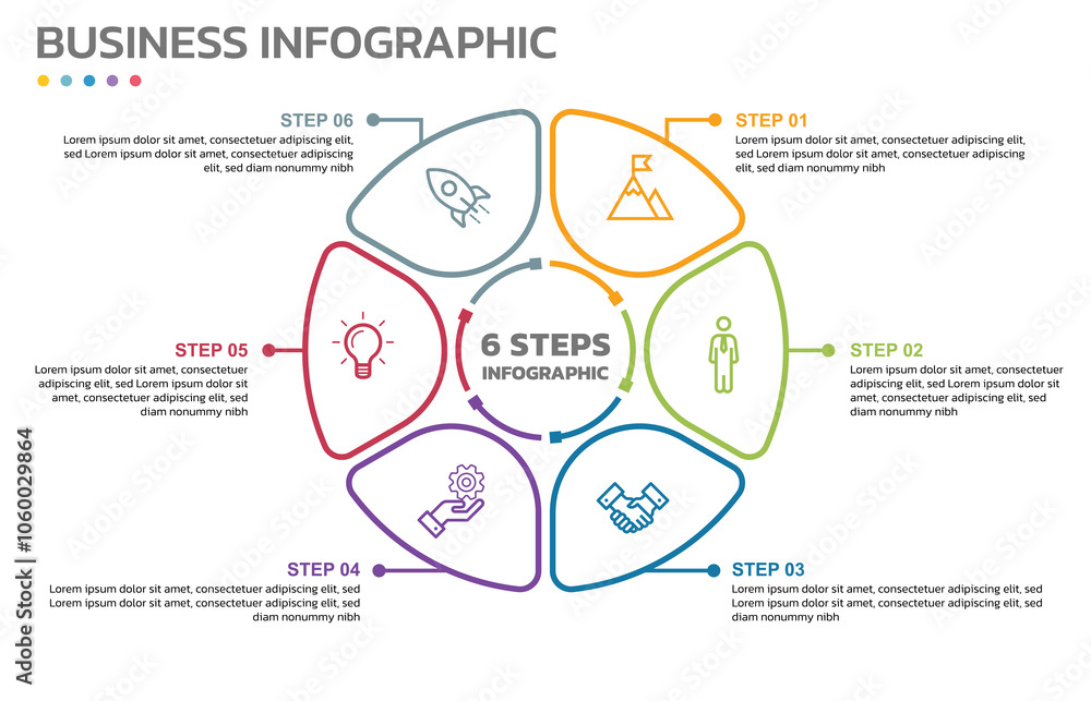 Poster Visual data presentation. Cycle diagram with 6 options. Pie Chart Circle thin line infographic template with 6 steps, options, parts, segments. Business concept. Editable pie chart with sectors.