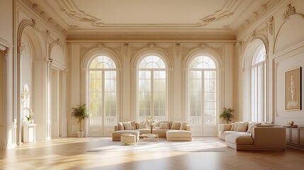 Fototapeta premium Elegant, sunlit living room with large windows and minimalist furniture.