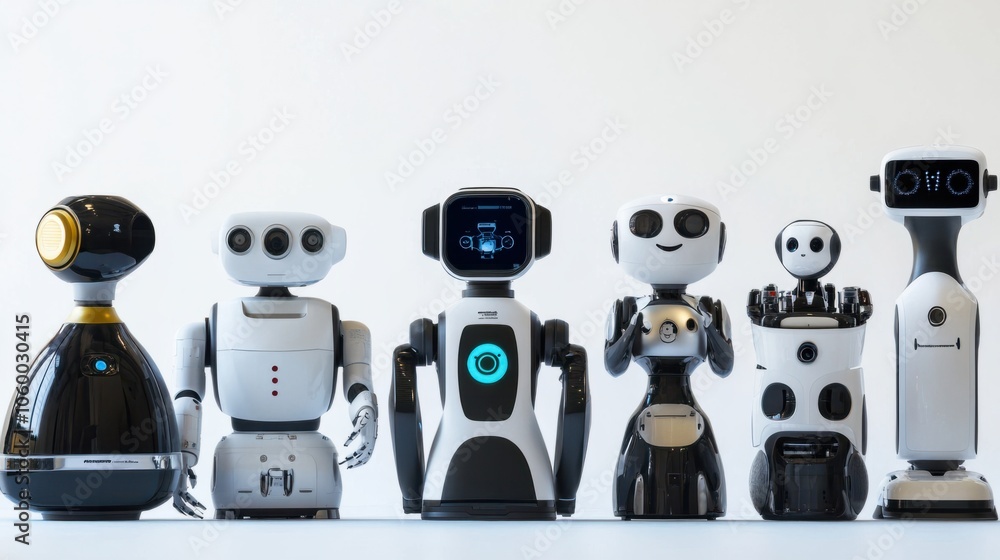 Poster collection of service robots with functional designs isolated against a white background
