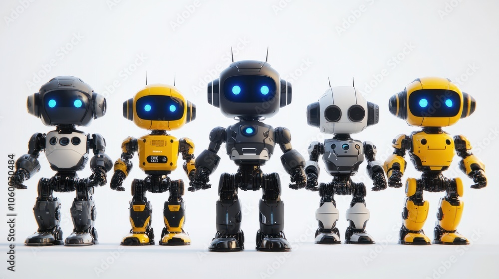 Poster Collection of smart robots in different styles and colors, featuring LED lights on white