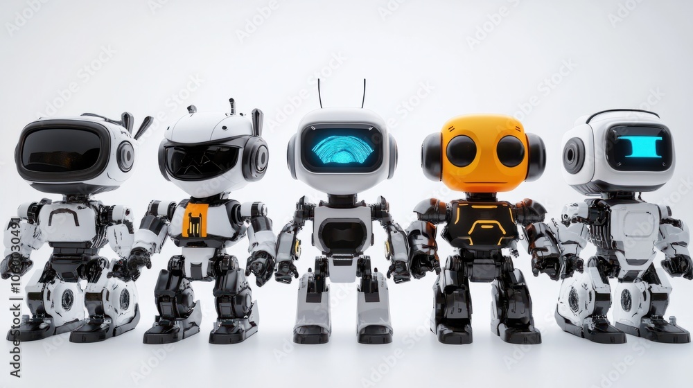 Aufkleber collection of smart robots in different styles and colors, featuring led lights on white