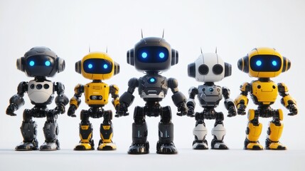 Fototapeta premium Collection of smart robots in different styles and colors, featuring LED lights on white
