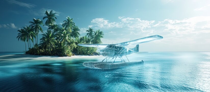 Digital rendering of a tropical island in AR featuring a wireframe seaplane taking off.