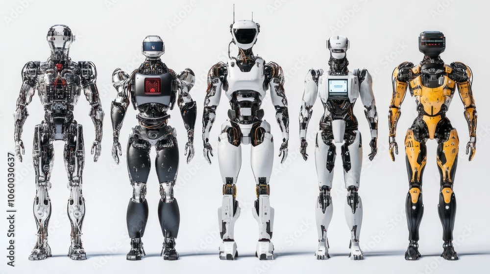 Aufkleber different models of ai robots, featuring robotic limbs and led displays, isolated on white