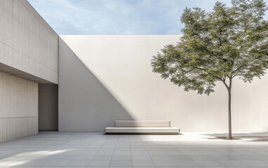 Obraz premium Modern architectural courtyard with minimalist bench and tree under clear blue sky