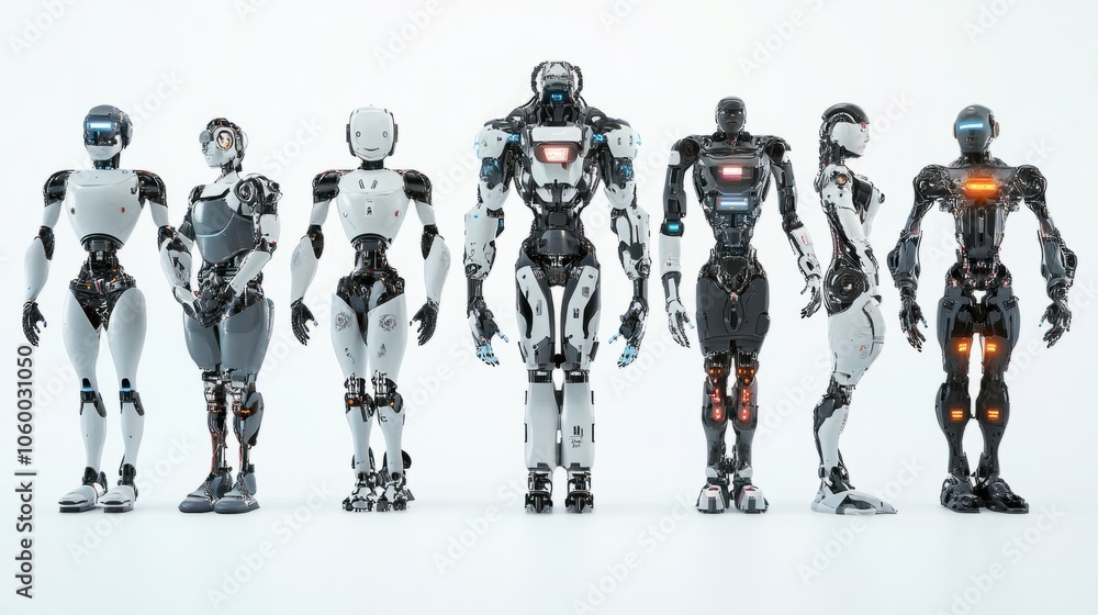 Aufkleber different models of ai robots, featuring robotic limbs and led displays, isolated on white