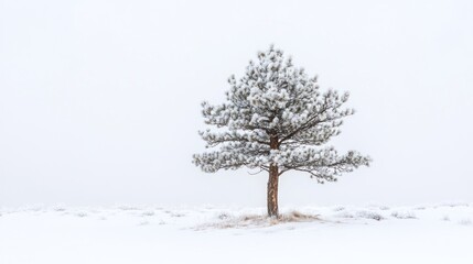 Fototapeta premium A solitary snow-covered tree stands in a serene, white landscape, evoking tranquility.