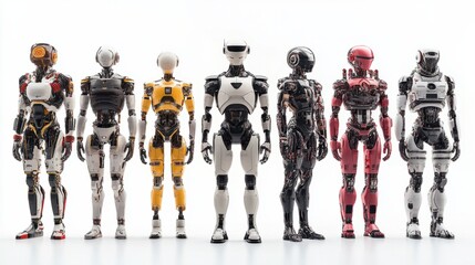 Obraz premium Different types of AI robots with robotic limbs and various designs isolated on white