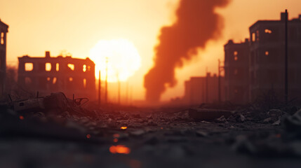 Fototapeta premium Haunting 3D Illustration of Destruction at Sunset
