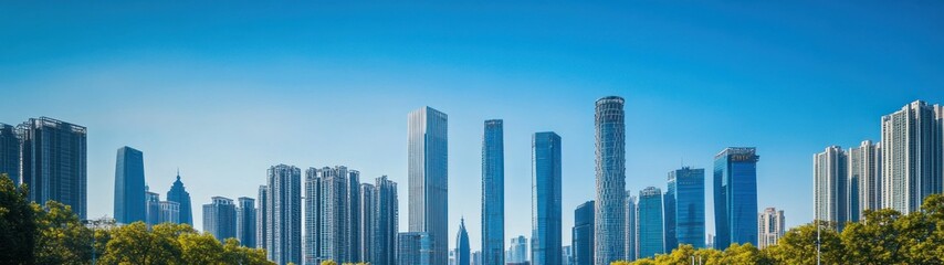 Fototapeta premium A panoramic view of a modern city skyline under a clear blue sky.