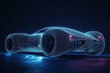 Virtual rendering of a concept car in wireframe with a luminous design on a dark backdrop.
